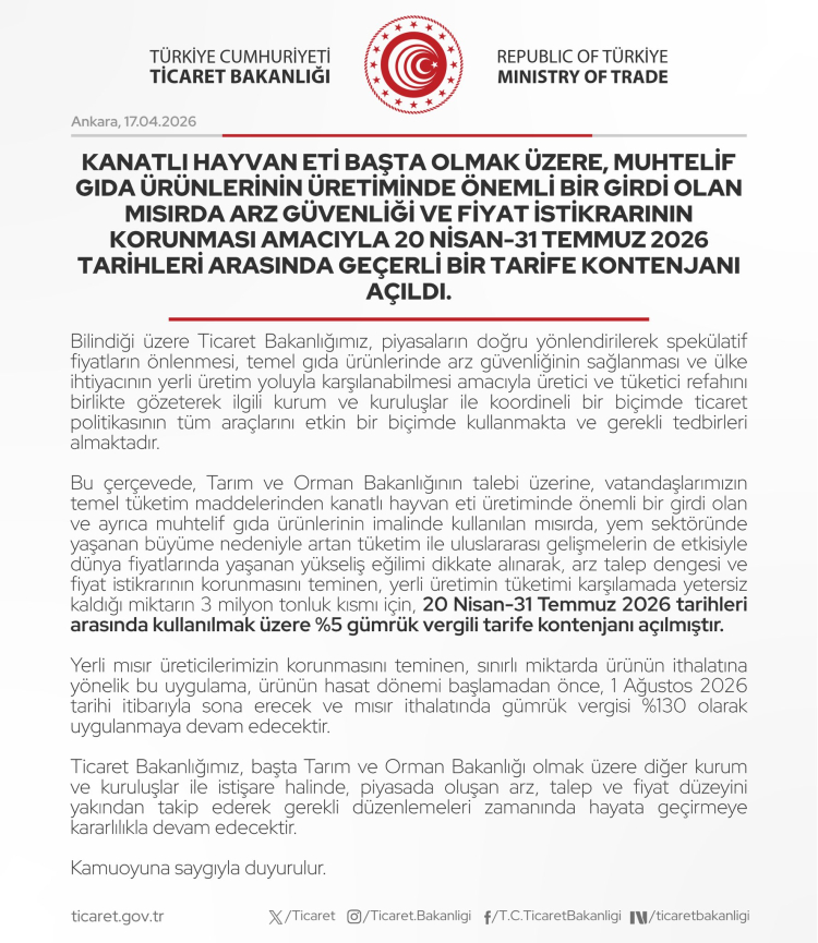 Mısır İthalatında 3 Milyon Tonluk Tarife Kontenjanı Açıldı