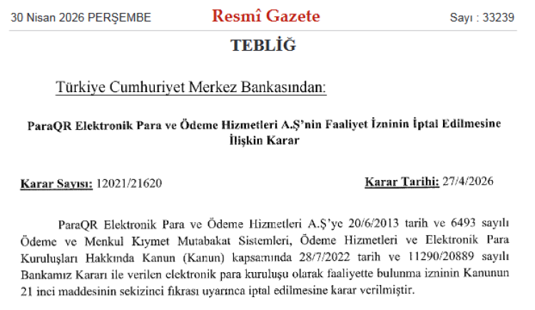 TCMB’den ParaQR’ye Faaliyet İptali